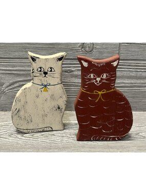 Cats Primitive Rustic Set of 2 Vintage Country Craft Wood Painted Figures 6”